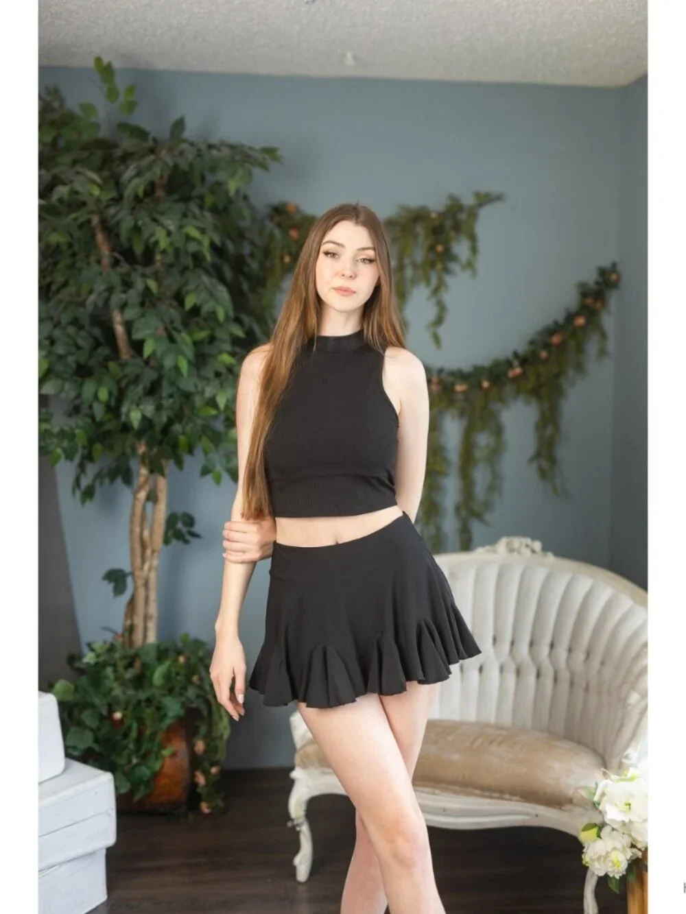 Women's High Waist Pleated Mini Skirt Ruffle Hem Skater A-Line Party
